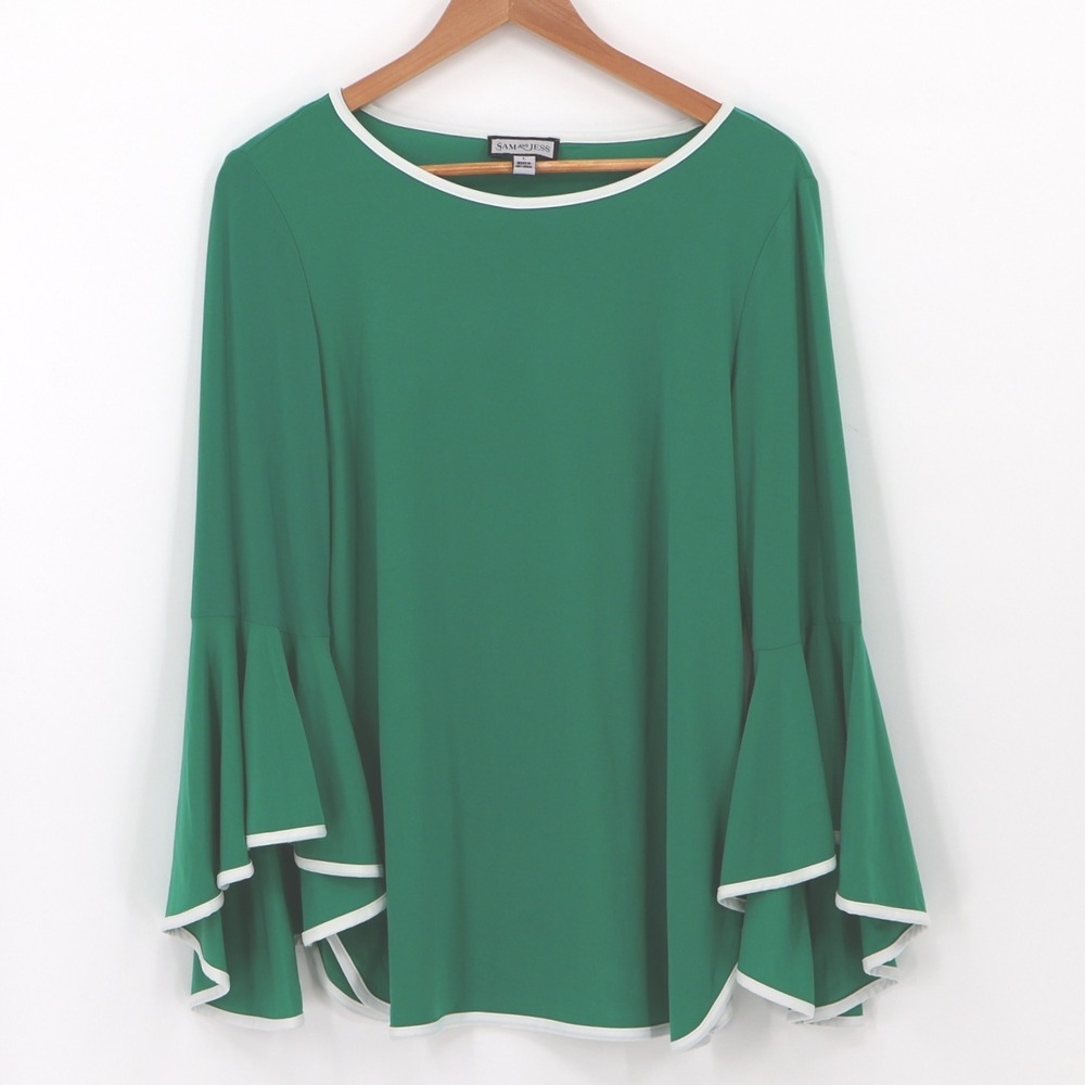 Sam and Jess‎ Green Bell Sleeve Top Womens Holiday Christmas Boho Party Size L